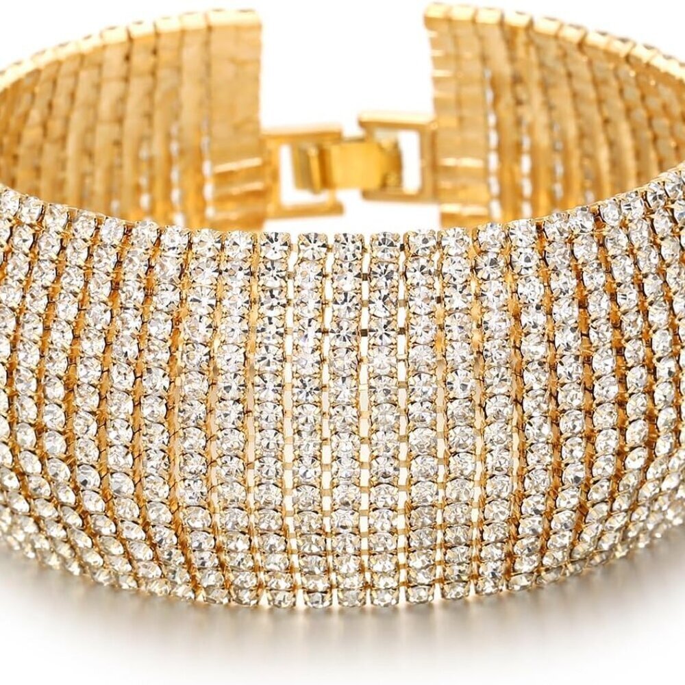 Sparkly Rhinestone Bangle Bracelet Gold Silver Women Chunky Jewelry
